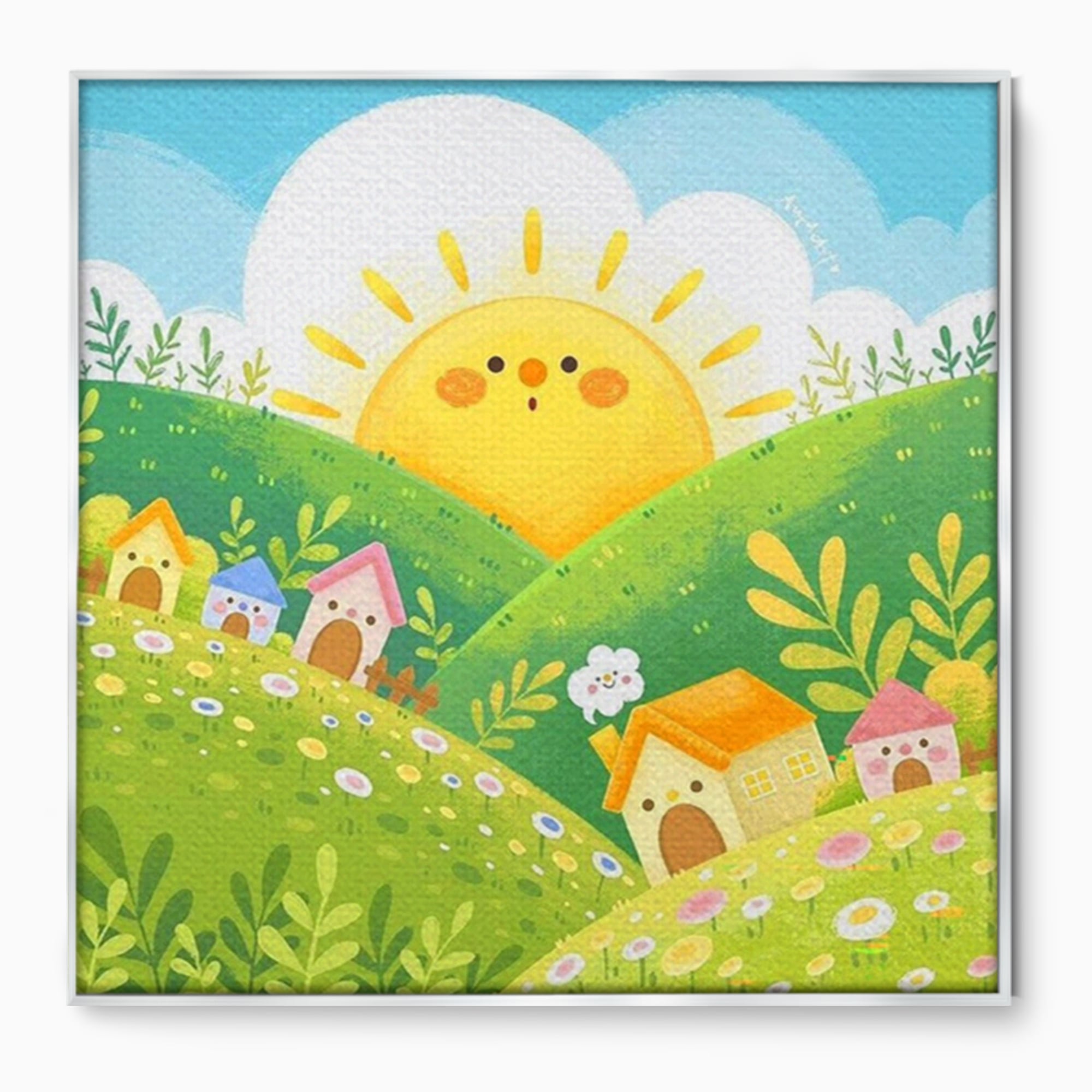 Tablou canvas cu ilustratie cu soare zambitor si casute, in rama de aluminiu argintiu
